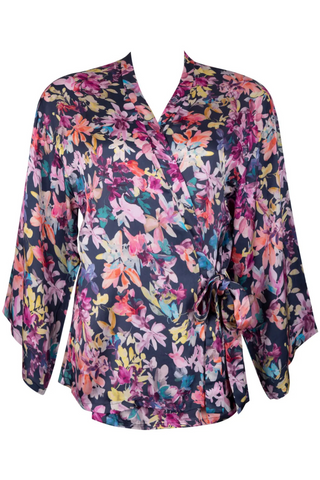 Antigel Satin Floral Print Short Robe - Mille Petales