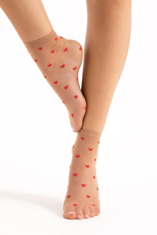 FiORE Crush Heart Pattern Sheer Socks Nude & Red 20 Denier