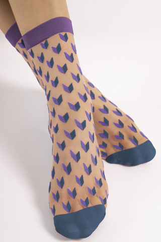 FiORE Dizzy Geometric Pattern Sheer Socks Blue, Purple & Nude 20 Denier