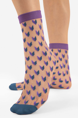 FiORE Dizzy Geometric Pattern Sheer Socks Blue, Purple & Nude 20 Denier