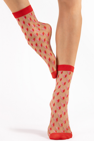 FiORE Dizzy Geometric Pattern Sheer Socks Red, Pink & Nude 20 Denier