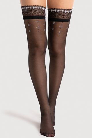 Fiore Reveil Lace Top Hold Ups Black & White 20 Denier