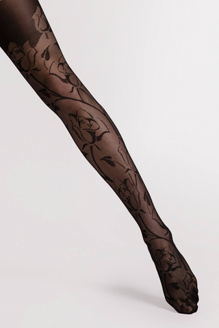 FiORE Sensual Amorosa Floral Pattern Suspender Tights Black 30 Denier