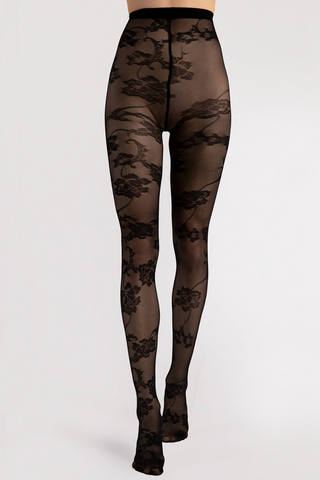 FiORE Wild Dream Floral Pattern Crotchless Tights Black 30 Denier