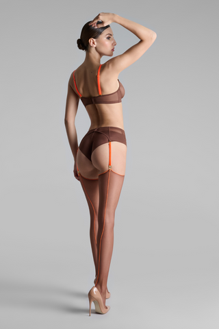 Maison Close Brown Neon Orange Back Seamed Stockings