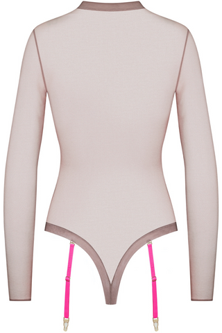 Maison Close Corps à Corps Sheer Long Sleeved Thong Body Taupe & Neon Pink