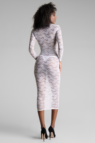 Maison Close Flashback Lace Long Sleeve Midi Dress White