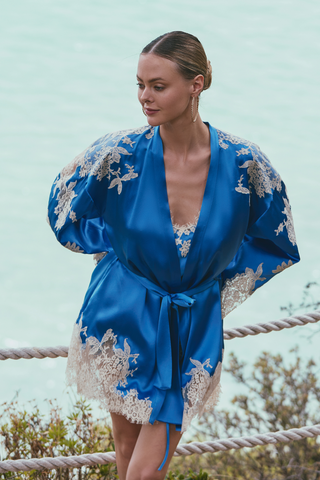 Marjolaine Apolline Blue Silk Short Robe with Lace