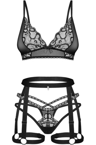 Obsessive Blomentis Bra, Thong & Suspender Black